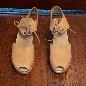Anthropologie Sheepish brand Leather Peep Toe Wedges/Clogs Size 38.